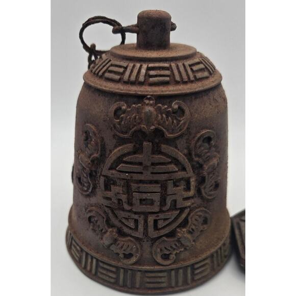 Vintage Chinese Temple Cast Iron Metal Bell, Wind Chime with Bat Pattern - Picture 2 of 8